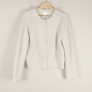 H&M Bead Pearl Trim Embellished Ribbed Knit Cream Ivory Cardigan Womens Sz L